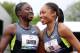 EUGENE, OR - JUNE 30: (L-R) Jeneba Tarmoh and Allyson Felix hug following the Women's 200 Meter Dash Final on day nine of the U.S. Olympic Track & Field Team Trials at the Hayward Field on June 30, 2012 in Eugene, Oregon. (Photo by Christian Petersen/Getty Images)
