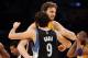 LOS ANGELES, CA - FEBRUARY 29: Pau Gasol #16 of the Los Angeles Lakers and Ricky Rubio #9 of the Minnesota Timberwolves greet before the start of play at Staples Center on February 29, 2012 in Los Angeles, California. NOTE TO USER: User expressly acknowledges and agrees that, by downloading and or using this photograph, User is consenting to the terms and conditions of the Getty Images License Agreement. (Photo by Harry How/Getty Images)