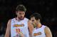 MADRID, SPAIN - AUGUST 22: Marc Gasol (L) of Spain chats with his teammate Jose Manuel Calderon during a friendly basketball game between Spain and the USA at La Caja Magica on August 22, 2010 in Madrid, Spain. (Photo by Jasper Juinen/Getty Images)