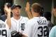 DETROIT, MI - JUNE 17: Max Scherzer #37 of the Detroit Tigers high-fives teammates in the dugout after finishing the eighth inning during a MLB interleague game against the Colorado Rockies at Comerica Park on June 17, 2012 in Detroit, Michigan. The Tigers won 5-0. (Photo by Dave Reginek/Getty Images)
