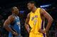 LOS ANGELES - JANUARY 16: Andrew Bynum #17 of the Los Angeles Lakers and Dwight Howard #12 of the Orlando Magic look on during a break in their NBA game on January 16, 2009 at Staples Center in Los Angeles, California. The Magic won 109-103. NOTE TO USER: User expressly acknowledges and agrees that, by downloading and/or using this Photograph, user is consenting to the terms and conditions of the Getty Images License Agreement. (Photo by Stephen Dunn/Getty Images)