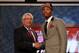 NEWARK, NJ - JUNE 28: Damian Lillard (R) of Weber State greets NBA Commissioner David Stern (L) after he was selected number six overall by the Portland Trail Blazers during the first round of the 2012 NBA Draft at Prudential Center on June 28, 2012 in Newark, New Jersey. NOTE TO USER: User expressly acknowledges and agrees that, by downloading and/or using this Photograph, user is consenting to the terms and conditions of the Getty Images License Agreement. (Photo by Elsa/Getty Images)