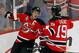 NEWARK, NJ - JUNE 09: Zach Parise #9 of the New Jersey Devils celebrates with Travis Zajac #19 of the New Jersey Devils after Parise scores a goal in the first period against the Los Angeles Kings during Game Five of the 2012 NHL Stanley Cup Final at the Prudential Center on June 9, 2012 in Newark, New Jersey. (Photo by Paul Bereswill/Getty Images)