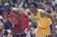 1 Feb 1998: Guard Michael Jordan of the Chicago Bulls (left) and guard Kobe Bryant of the Los Angeles Lakers look on during a game at the Great Western Forum in Inglewood, California. The Lakers won the game, 112-87. Mandatory Credit: Jed Jacobsohn /Al