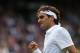 LONDON, ENGLAND - JULY 04: Roger Federer of Switzerland celebrates match point during his Gentlemen's Singles quarter final match against Mikhail Youzhny of Russia on day nine of the Wimbledon Lawn Tennis Championships at the All England Lawn Tennis and Croquet Club on July 4, 2012 in London, England. (Photo by Clive Rose/Getty Images)