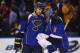 ST. LOUIS, MO - MARCH 6: Carlo Colaiacovo #28 and Jaroslav Halak #41 both of the St. Louis Blues congratulate one another after beating the Chicago Blackhawks at the Scottrade Center on March 6, 2012 in St. Louis, Missouri. The Blues beat the Blackhawks 5-1. (Photo by Dilip Vishwanat/Getty Images)