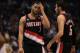 DALLAS, TX - APRIL 25: (L-R) Brandon Roy #7 and Rudy Fernandez #5 of the Portland Trail Blazers in Game Five of the Western Conference Quarterfinals during the 2011 NBA Playoffs on April 25, 2011 at American Airlines Center in Dallas, Texas. NOTE TO USER: User expressly acknowledges and agrees that, by downloading and or using this photograph, User is consenting to the terms and conditions of the Getty Images License Agreement. (Photo by Ronald Martinez/Getty Images)