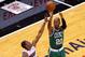 MIAMI, FL - JUNE 05: Ray Allen #20 of the Boston Celtics attempts a shot in the first half against Mario Chalmers #15 of the Miami Heat in Game Five of the Eastern Conference Finals in the 2012 NBA Playoffs on June 5, 2012 at American Airlines Arena in Miami, Florida. NOTE TO USER: User expressly acknowledges and agrees that, by downloading and or using this photograph, User is consenting to the terms and conditions of the Getty Images License Agreement. (Photo by J. Meric/Getty Images)