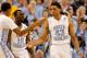 GREENSBORO, NC - MARCH 18: (R) James Michael McAdoo #43 of the North Carolina Tar Heels celebrates after making a basket with teammates John Henson #31 and P.J. Hairston #15 in the first half against the Creighton Bluejays during the third round of the 2012 NCAA Men's Basketball Tournament at Greensboro Coliseum on March 18, 2012 in Greensboro, North Carolina. (Photo by Streeter Lecka/Getty Images)