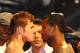 LAS VEGAS, NV - MAY 04: WBC super welterweight champion Saul Alvarez (L) and Shane Mosley face off during the official weigh-in for their bout at the MGM Grand Garden Arena on May 4, 2012 in Las Vegas, Nevada. Alvarez will defend his title against Mosley on May 5, 2012 in Las Vegas. (Photo by Al Bello/Getty Images)