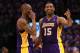 OKLAHOMA CITY, OK - MAY 21: Kobe Bryant #24 of the Los Angeles Lakers and Metta World Peace #15 during Game Five of the Western Conference Semifinals of the 2012 NBA Playoffs at Chesapeake Energy Arena on May 21, 2012 in Oklahoma City, Oklahoma. NOTE TO USER: User expressly acknowledges and agrees that, by downloading and or using this photograph, User is consenting to the terms and conditions of the Getty Images License Agreement. (Photo by Ronald Martinez/Getty Images)