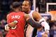 ORLANDO, FL - FEBRUARY 08: LeBron James #6 of the Miami Heat hugs Dwight Howard #12 of the Orlando Magic during the game at Amway Center on February 8, 2012 in Orlando, Florida. NOTE TO USER: User expressly acknowledges and agrees that, by downloading and or using this Photograph, user is consenting to the terms and conditions of the Getty Images License Agreement. (Photo by Sam Greenwood/Getty Images)