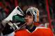 PHILADELPHIA, PA - APRIL 22: Michael Leighton #49 of the Philadelphia Flyers takes a drink of water in the third period of Game Five of the Eastern Conference Quarterfinals against the Buffalo Sabres during the 2011 NHL Stanley Cup Playoffs at Wells Fargo Center on April 22, 2011 in Philadelphia, Pennsylvania. (Photo by Bruce Bennett/Getty Images)