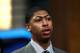 NEWARK, NJ - JUNE 28: Anthony Davis of the Kentucky Wildcats looks on after he was selected number one overall by the New Orleans Hornets during the first round of the 2012 NBA Draft at Prudential Center on June 28, 2012 in Newark, New Jersey. NOTE TO USER: User expressly acknowledges and agrees that, by downloading and/or using this Photograph, user is consenting to the terms and conditions of the Getty Images License Agreement. (Photo by Elsa/Getty Images)