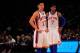 NEW YORK, NY - FEBRUARY 29: (R) Carmelo Anthony #7 of the New York Knicks and (L) Jeremy Lin #17 of the New York Knicks during the game against the Cleveland Cavaliers at Madison Square Garden on February 29, 2012 in New York City. NOTE TO USER: User expressly acknowledges and agrees that, by downloading and/or using this Photograph, user is consenting to the terms and conditions of the Getty Images License Agreement. (Photo by Chris Trotman/Getty Images)