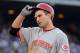 LOS ANGELES, CA - JULY 04: Joey Votto #19 of the Cincinnati Reds reacts after his fly out to end the third inning against the Los Angeles Dodgers at Dodger Stadium on July 4, 2012 in Los Angeles, California. (Photo by Harry How/Getty Images)