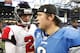 DETROIT, MI - OCTOBER 23: Quarterbacks Matt Ryan #2 of the Atlanta Falcons and Matthew Stafford #9 of the Detroit Lions shake hands after the game at Ford Field on October 23, 2011 in Detroit, Michigan. The Falcons defeated the Lions 23-16. (Photo by Leon Halip/Getty Images)
