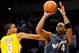 LOS ANGELES, CA - JANUARY 22: Antawn Jamison #4 of the Washington Wizards scores on a jumper against Trevor Ariza #3 of the Los Angeles Lakers during the second quarter January 22, 2009 at the Staples Center in Los Angeles, California. NOTE TO USER: User expressly acknowledges and agrees that, by downloading and/or using this Photograph, user is consenting to the terms and conditions of the Getty Images License Agreement. (Photo by Kevork Djansezian/Getty Images)