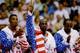 6 OCT 1992: USA BASKETBALL TEAM MEMBERS MICHAEL JORDAN (MIDDLE) SCOTTIE PIPPEN (LEFT) AND CLIDE DREXLER (RIGHT) ACKNOWLEDGE THE CROWD AFTER RECEIVING THEIR GOLD MEDALAS MEMBERS OF THE DREAM TEAM DURING THE 1992 BARCELONA OLYMPICS IN BARCELONA, SPAIN. Man