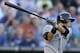 KANSAS CITY, MO - JULY 16: Ichiro Suzuki #51 of the Seattle Mariners hits a single against the Kansas City Royals in the first inning at Kauffman Stadium on July 16, 2012 in Kansas City, Missouri. (Photo by Ed Zurga/Getty Images)