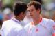 KEY BISCAYNE, FL - APRIL 01: Andy Murray of Great Britain speaks to winner Novak Djokovic of Serbia looks after the men's singles final on day 14 of the Sony Ericsson Open at Crandon Park Tennis Center on April 1, 2012 in Key Biscayne, Florida. (Photo by Michael Regan/Getty Images)
