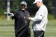 FLORHAM PARK, NJ - MAY 24: Head coach Rex Ryan of the New York Jets confers with offensive coordinator Tony Sparano at an organized team activity at the New York Jets practice facility on May 24, 2012 in Florham Park, New Jersey. (Photo by Jeff Zelevansky/Getty Images)