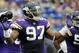 MINNEAPOLIS, MN - SEPTEMBER 25: Everson Griffen #97 of the Minnesota Vikings reacts to being called for a penalty against the Detroit Lions in the second quarter on September 25, 2011 at Hubert H. Humphrey Metrodome in Minneapolis, Minnesota. (Photo by Hannah Foslien/Getty Images)