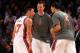 NEW YORK, NY - FEBRUARY 10: (L-R) Jeremy Lin #17, Steve Novak #16 and Landry Fields #2 of the New York Knicks celebrate after Lin made a 3-point basket in the fourth quarter at Madison Square Garden on February 10, 2012 in New York City. NOTE TO USER: User expressly acknowledges and agrees that, by downloading and or using this photograph, User is consenting to the terms and conditions of the Getty Images License Agreement. (Photo by Chris Chambers/Getty Images)
