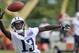 May 11, 2012; Nashville, TN, USA; Tennessee Titans first draft pick wide receiver Kendall Wright (13) leaps for the pass during minicamp workout at the Titans training facility at Baptist Sports Park. Mandatory Credit: Jim Brown-US PRESSWIRE