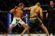 Jul 21, 2012; Calgary, AB, CANADA; Renan Barao (blue golves) and Urijah Faber (red gloves) during the interim bantamweight title bout of UFC 149 at the Scotiabank Saddledome. Mandatory Credit: Anne-Marie Sorvin-US PRESSWIRE