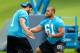CHARLOTTE, NC - MAY 12: Amini Silatolu #61 works on blocking drills with Will Blackwell #71 at Carolina Panthers Rookie Camp on May 12, 2012 in Charlotte, North Carolina. (Photo by Brian A. Westerholt/Getty Images)