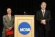 INDIANAPOLIS, IN - JULY 23: NCAA president Mark Emmert (R) speaks as Ed Ray, chairman of the NCAA's executive committee and Oregon State president looks on, during a press conference at the NCAA's headquarters to announce sanctions against Penn State University's football program on July 23, 2012 in Indianapolis, Indiana. The sanctions are a result of a report that the university concealed allegations of child sexual abuse made against former defensive coordinator Jerry Sandusky, who was found guilty on 45 of 48 counts related to sexual abuse of boys over a 15-year period. (Photo by Joe Robbins/Getty Images)