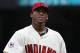 CLEVELAND, OH - SEPTEMBER 25: Fausto Carmona #55 of the Cleveland Indians walks to the dugout during the first inning against the Minnesota Twins in their game on September 25, 2011 at Progressive Field in Cleveland, Ohio. The Twins defeated theIndians 6-4. (Photo by David Maxwell/Getty Images)