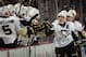 NEWARK, NJ - MARCH 17: Sidney Crosby #87 of the Pittsburgh Penguins celebrates a second period powerplay goal by Evgeni Malkin #71 (not shown) against the New Jersey Devils at the Prudential Center on March 17, 2012 in Newark, New Jersey. (Photo by Bruce Bennett/Getty Images)