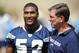 August 2, 2010; San Diego, CA, USA; San Diego Chargers outside linebacker Larry English (52) and head coach Norv Turner after training camp at Chargers Park. Mandatory Credit: Christopher Hanewinckel-US PRESSWIRE