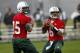 FLORHAM PARK, NJ - MAY 24: Tim Tebow #15 and Mark Sanchez #6 of the New York Jets work out at an organized team activity at the Atlantic Health Training Center on May 24, 2012 in Florham Park, New Jersey. (Photo by Jeff Zelevansky/Getty Images)