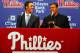 PHILADELPHIA, PA - JULY 25: Cole Hamels, left, of the Philadelphia Phillies and team Senior Vice President and General Manager Ruben Amaro Jr. announce Hamels six-year, $144 million contract extension before the start of their MLB baseball game against the Milwaukee Brewers on July 25, 2012 at Citizens Bank Park in Philadelphia, Pennsylvania. (Photo by Rich Schultz/Getty Images)