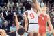 MUNICH, GERMANY - SEPTEMBER 10: USA Basketball team battles for the tip off against the Russia basketball team on September 10, 1972 in Munich, Germany. The Russia won this controversial game 51 to 50 after being given extra time to get a final shot off. It was the first loss in USA Basketball history. (Photo by Getty Images)
