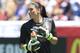 SANDY, UT - JUNE 30: Goalkeeper Hope Solo #1 of the USA takes a break during a game against Canada during the second half of the women's Olympic send-off soccer match June 30, 2012 at Rio Tinto Stadium in Sandy, Utah. The USA beat Canada 2-1. (Photo by George Frey/Getty Images)