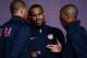 July 27, 2012; London, United Kingdom; USA players Carmelo Anthony (left) , LeBron James (middle) and Kobe Bryant (right) talk during a press conference in preparation for the 2012 London Olympic Games at the Main Press Center. Mandatory Credit: Kyle Terada-US PRESSWIRE
