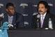 April 27, 2012; Jacksonville FL, USA; Jacksonville Jaguars first round draft pick Justin Blackmon listens as owner Shad Khan answers a question during a press conference at EverBank Field. Mandatory Credit: Phil Sears-US PRESSWIRE