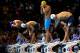 OMAHA, NE - JULY 01: (From right) Michael Phelps, Tom Sheilds, Tim Phillips and Ryan Lochte prepare to swim in the championship final of the Men's 100 m Butterfly during Day Seven of the 2012 U.S. Olympic Swimming Team Trials at CenturyLink Center on July 1, 2012 in Omaha, Nebraska. (Photo by Al Bello/Getty Images)