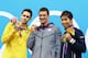 LONDON, ENGLAND - JULY 28: (L-R) Silver medalist Thiago Pereira of Brazil, Gold medalist Ryan Lochte of the United States and Bronze medalist Kosuke Hagino of Japan celebrate with their medals during the Medal Ceremony for the Men's 400m Individual Medley on Day One of the London 2012 Olympic Games at the Aquatics Centre on July 28, 2012 in London, England. (Photo by Al Bello/Getty Images)