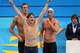 LONDON, ENGLAND - JULY 29: (L-R) Amaury Leveaux, Clement Lefert, Yannick Agnel (water) and Fabien Gilot of France celebrate after winning the gold in the Men's 4x100m Freestyle Realty on Day 2 of the London 2012 Olympic Games at the Aquatics Centre on July 29, 2012 in London, England. (Photo by Mike Hewitt/Getty Images)