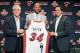 MIAMI, FL - JULY 11: (L to R) Miami Heat President Pat Riley, Ray Allen and head coach Erik Spoelstra announce the signing of Allen at AmericanAirlines Arena on July 11, 2012 in Miami, Florida. (Photo by Mike Ehrmann/Getty Images)