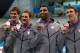 LONDON, ENGLAND - JULY 29: (L-R) Adrian Nathan, Ryan Lochte, Cullen Jones and Michael Phelps of the United States pose with the silver medals won during the Men's 4 x 100m Freestyle Relay final on Day 2 of the London 2012 Olympic Games at the Aquatics Centre on July 29, 2012 in London, England. (Photo by Jamie Squire/Getty Images)