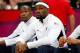 LONDON, ENGLAND - JULY 29: Kevin Durant #5 and LeBron James #6 of United States look on from the bench against France in the Men's Basketball Game on Day 2 of the London 2012 Olympic Games at the Basketball Arena on July 29, 2012 in London, England. (Photo by Jamie Squire/Getty Images)
