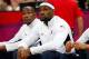 LONDON, ENGLAND - JULY 29: Kevin Durant #5 and LeBron James #6 of United States look on from the bench against France in the Men's Basketball Game on Day 2 of the London 2012 Olympic Games at the Basketball Arena on July 29, 2012 in London, England. (Photo by Jamie Squire/Getty Images)