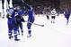 ST. LOUIS, MO - APRIL 28: Members of the St. Louis Blues celebrate a goal against the Los Angeles Kings in Game One of the Western Conference Semifinals during the 2012 NHL Stanley Cup Playoffs at the Scottrade Center on April 28, 2012 in St. Louis, Missouri. (Photo by Dilip Vishwanat/Getty Images)