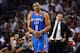MIAMI, FL - JUNE 21: Russell Westbrook #0 of the Oklahoma City Thunder grabs his wrist as head coach Scott Brooks looks on in the first half against the Miami Heat in Game Five of the 2012 NBA Finals on June 21, 2012 at American Airlines Arena in Miami, Florida. NOTE TO USER: User expressly acknowledges and agrees that, by downloading and or using this photograph, User is consenting to the terms and conditions of the Getty Images License Agreement. (Photo by Ronald Martinez/Getty Images)